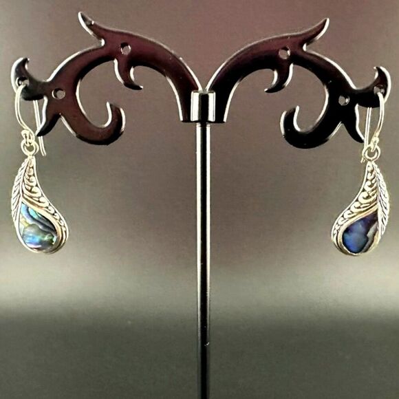 Jewelry - Vintage Sterling Silver 925 Abalone Shell Teardrop Scroll Dangle Drop Earrings